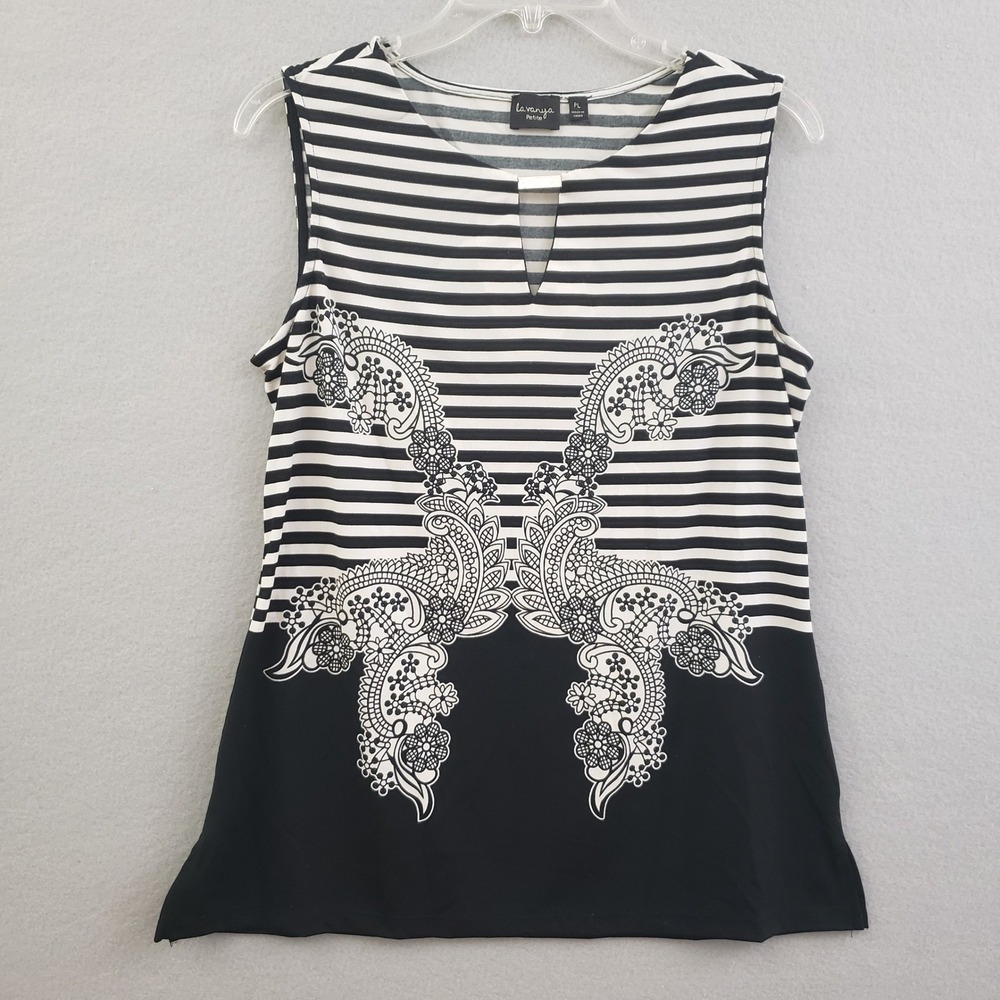 Lavanya Petite PL Tank Top Black White Striped Paisley Nautical Mod Summer Boho